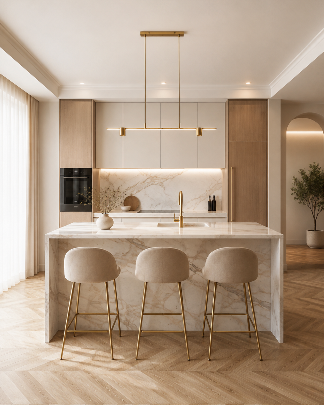 Cocina reformada con acabados en mármol y madera — KATHOME Studio