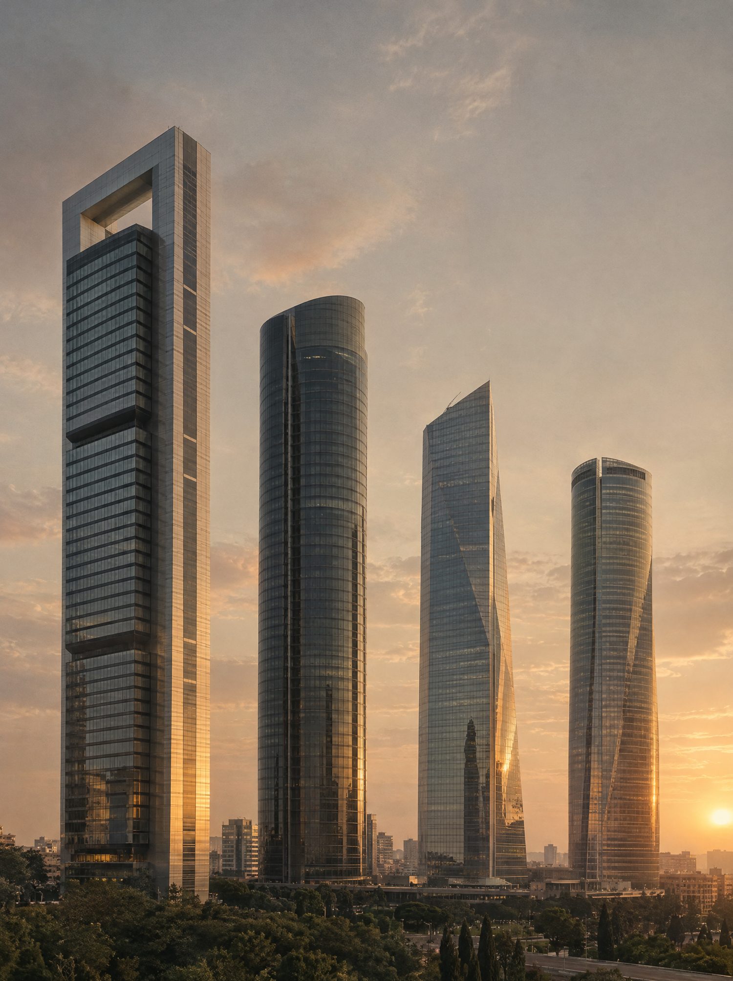Torres de negocios de Madrid al atardecer
