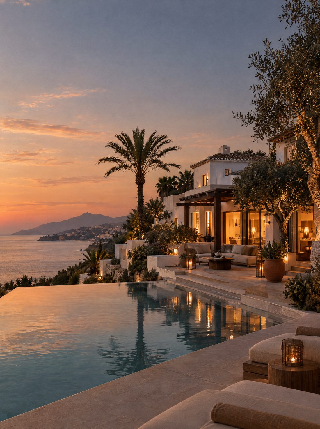 Hotel boutique en la Costa del Sol al atardecer