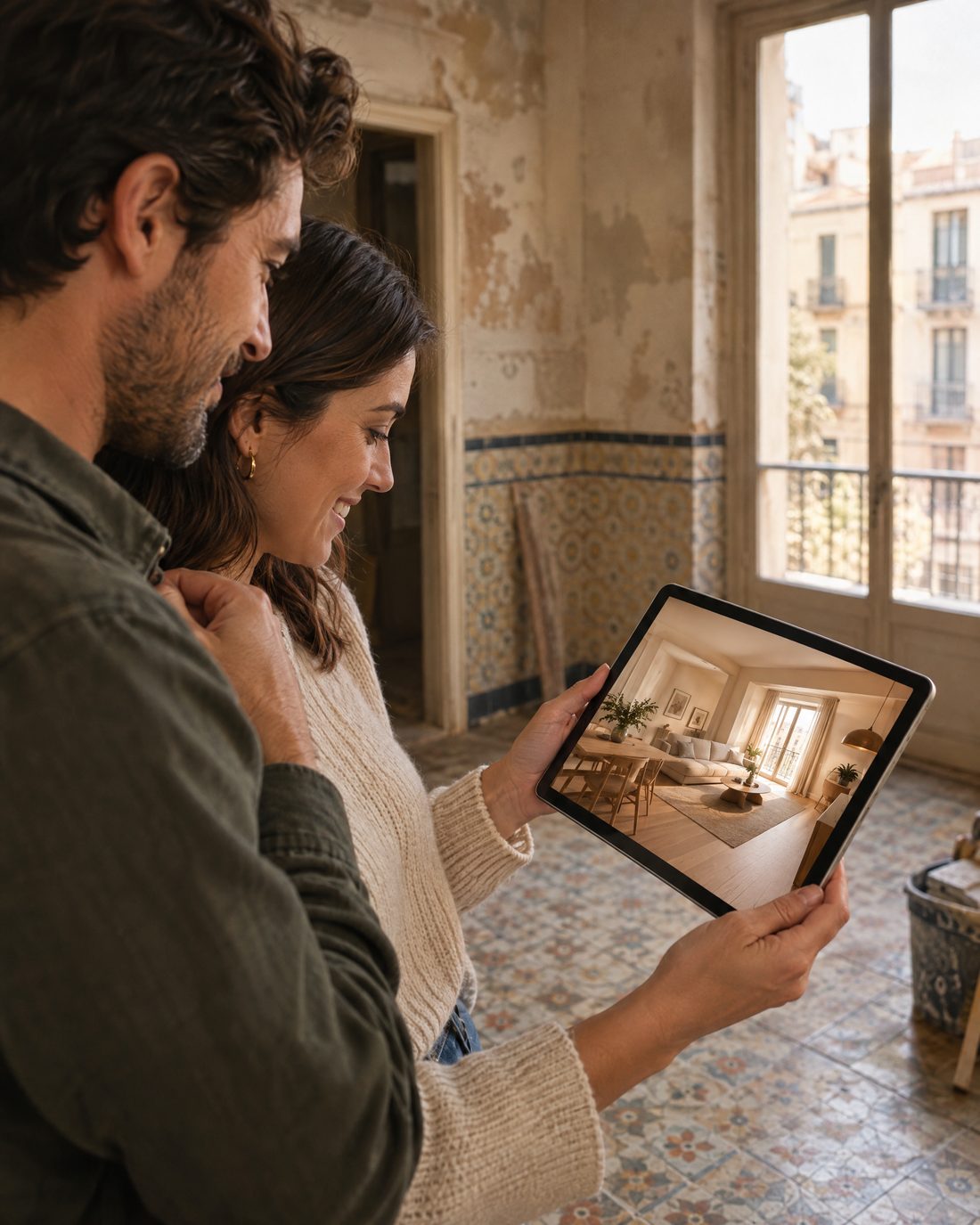 Pareja viendo en una tableta el render de la reforma de una vivienda antigua