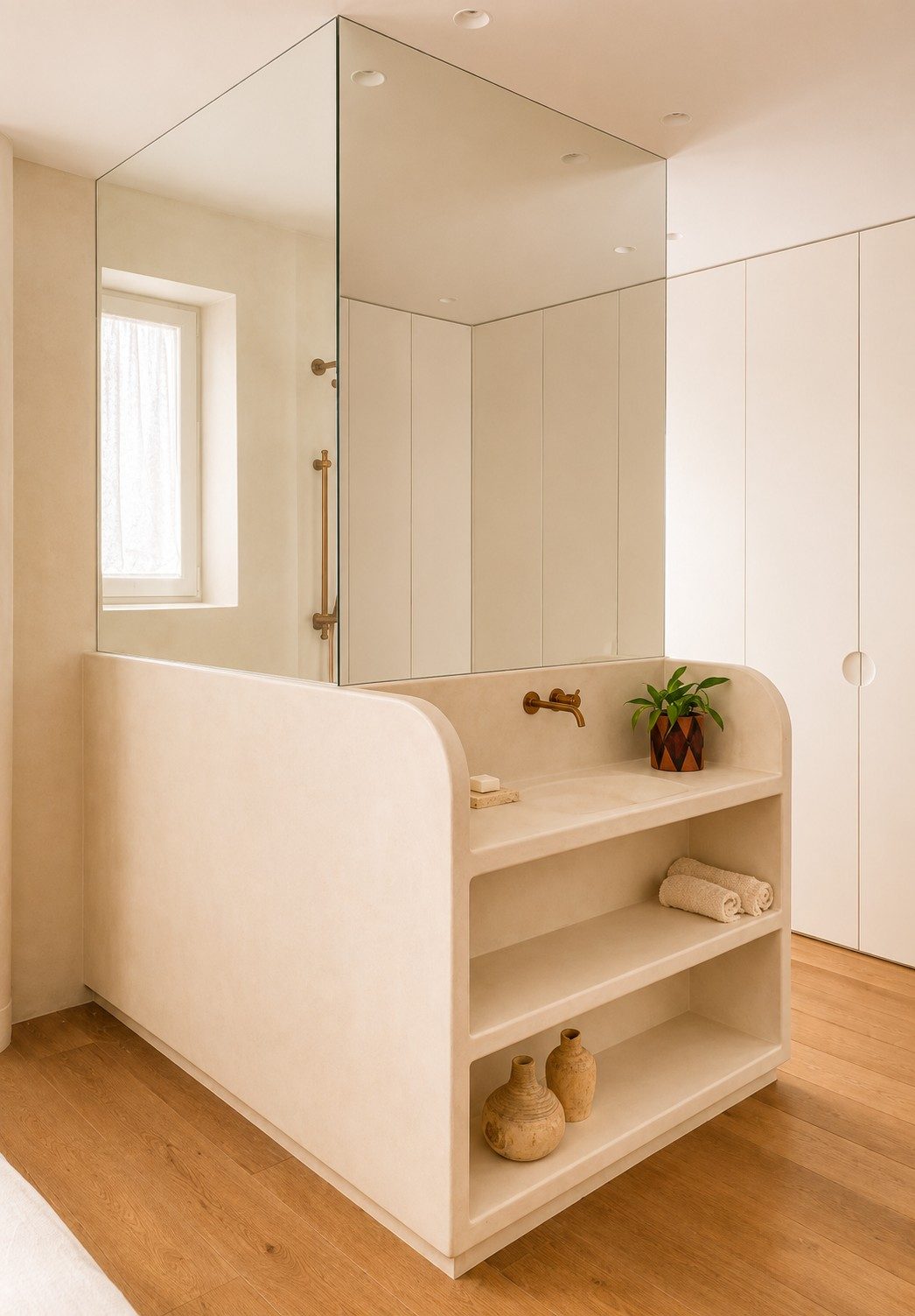 Baño reformado con acabados en madera y blanco